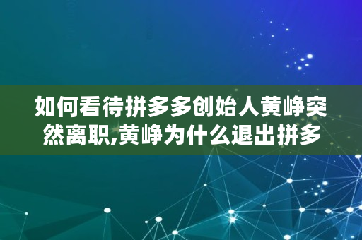 如何看待拼多多创始人黄峥突然离职,黄峥为什么退出拼多多 拼多多谁是董事长